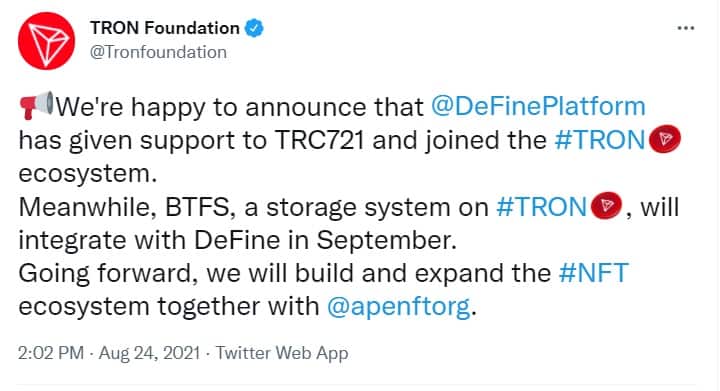 You are currently viewing NFT Platform DeFine Integrates with TRON, Introducing Its Social Profile System into TRON