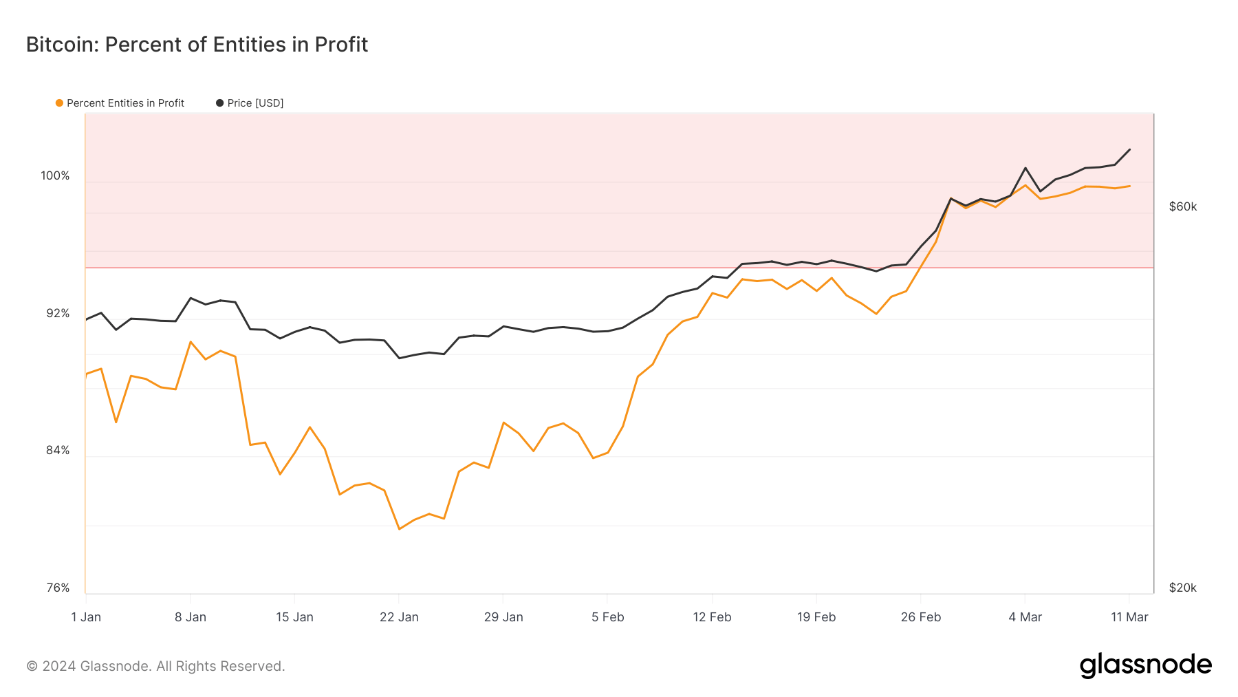 You are currently viewing Bitcoin’s surge to $73k put 99.76% of entities in profit, signaling mature phase of bull market