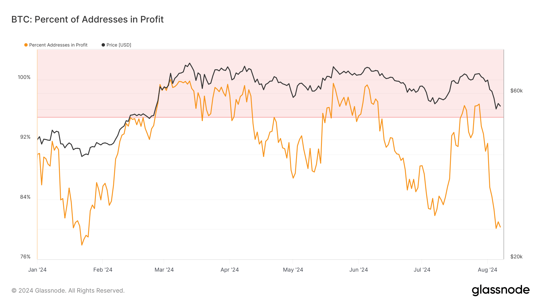 You are currently viewing Bitcoin addresses in profit hit 100% pre-halving but fell to 80% by August