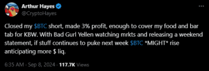 Read more about the article Arthur Hayes Closes Short Bitcoin Position, Hints at Upcoming BTC Rally