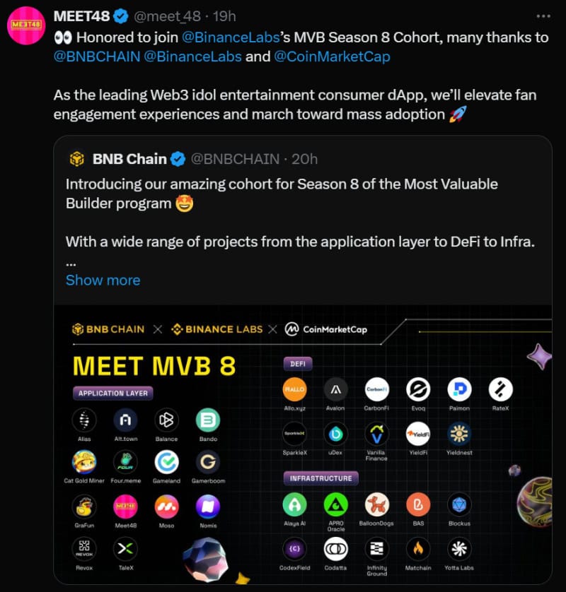 You are currently viewing MEET48 Has Officially Joined MVB Accelerator Program, Season 8, Jointly Run by BNB Chain, Binance Labs and CMC Labs