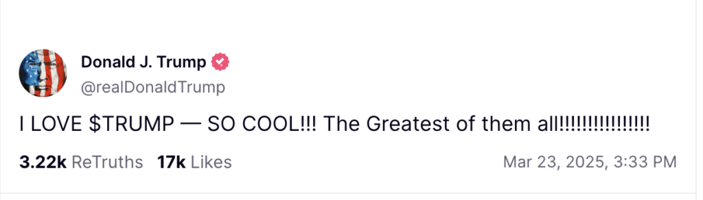 You are currently viewing US President Donald Trump pumping his ‘cool’ memecoin leads to 9% jump amid 70% decline from ATH