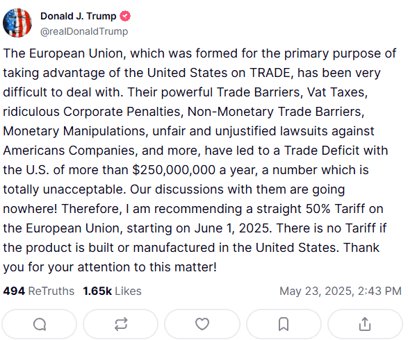 You are currently viewing Bitcoin Slumps Below $109K as Trump Proposes New Tariffs Against EU