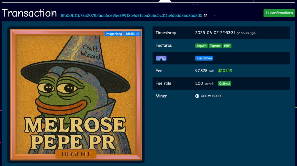 Read more about the article Leading OnChain Comms Agency Melrose PR Joins Decentralized Gentleman’s Club with Rare Pepe Inscription on Bitcoin