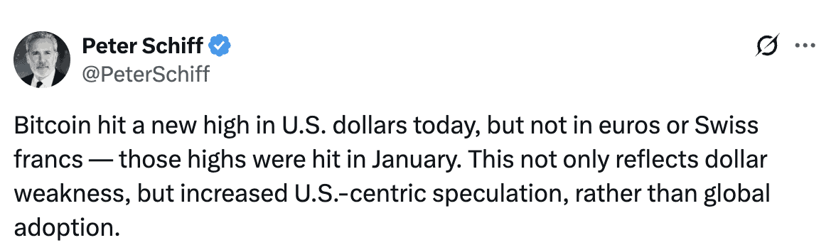 You are currently viewing Peter Schiff: Bitcoin Price Record Highlights US Dollar Weakness