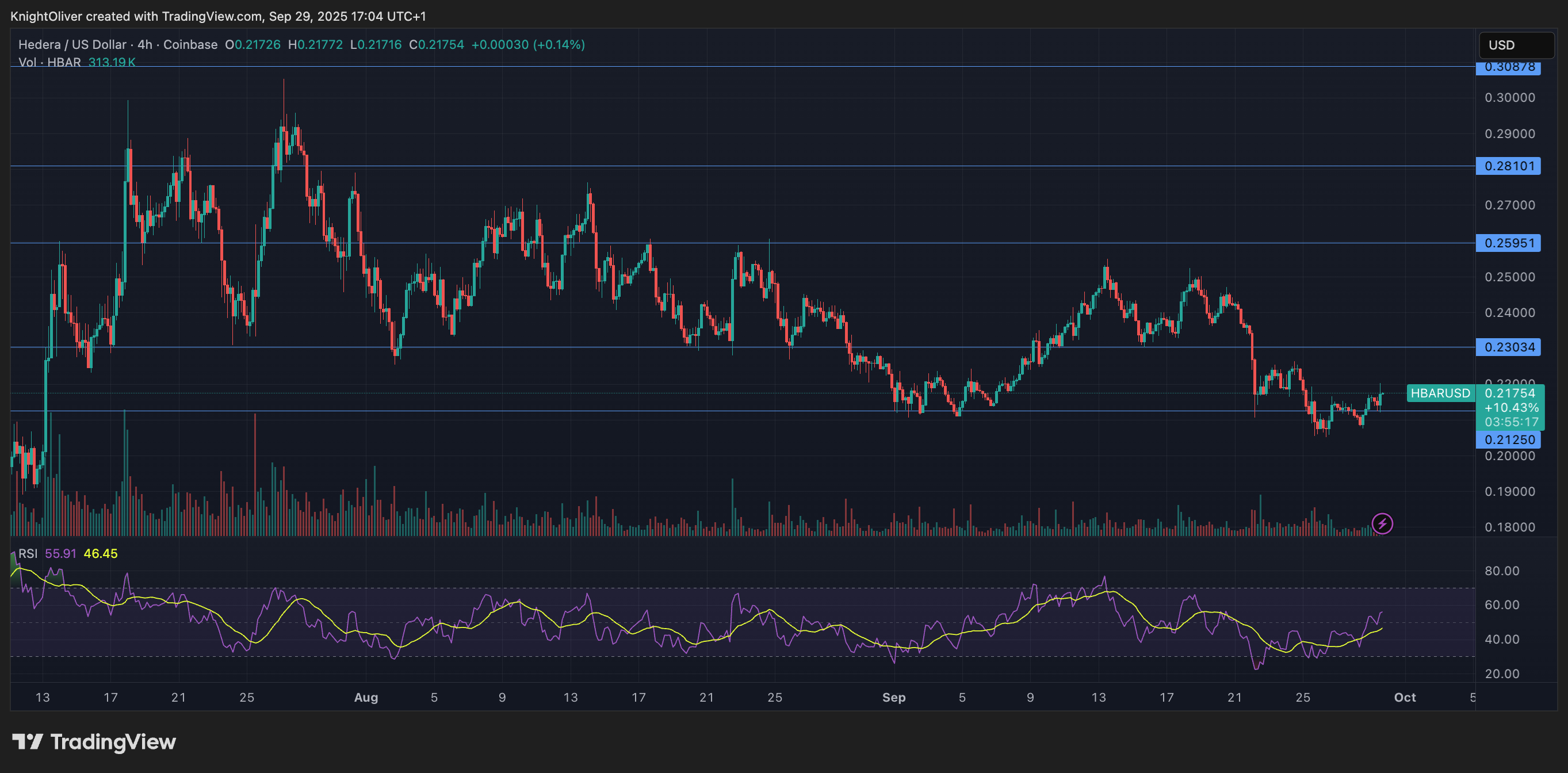 You are currently viewing HBAR Climbs on Strong Volume, Testing Resistance Near $0.217