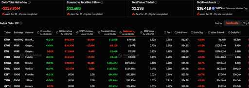 Read more about the article Ethereum ETFs Update: Outflows Total $229.95M as BlackRock’s ETHA Lead Losses