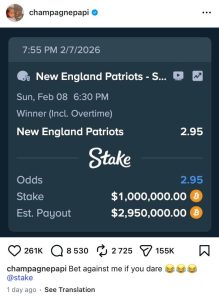 Read more about the article Here’s How Much Bitcoin (BTC) Drake Lost Betting on the Super Bowl